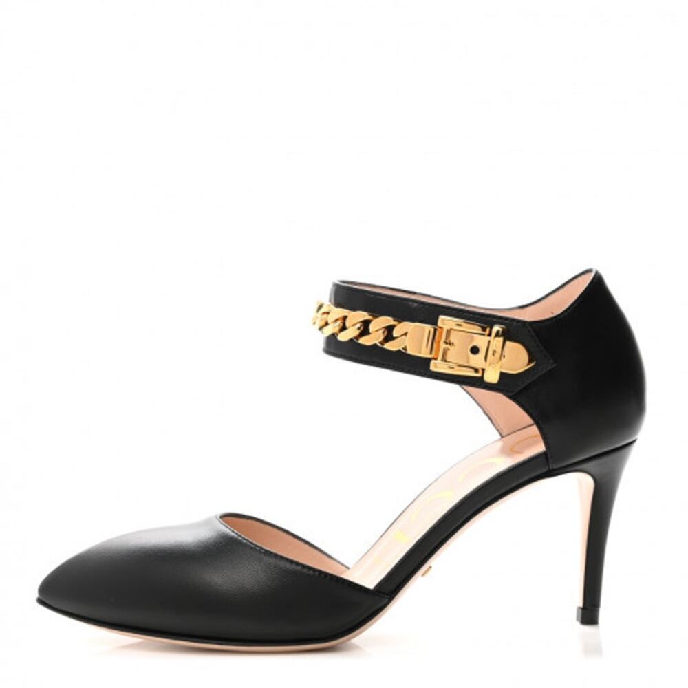 Gucci Sylvie Gold Chain Pumps Black Leather Heels Classic Tone Size EU 38.5